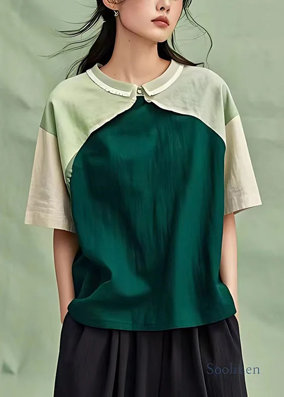 Natural Dull Green Oversized Patchwork Cotton Blouse Top Summer(Ships in 20 Days)