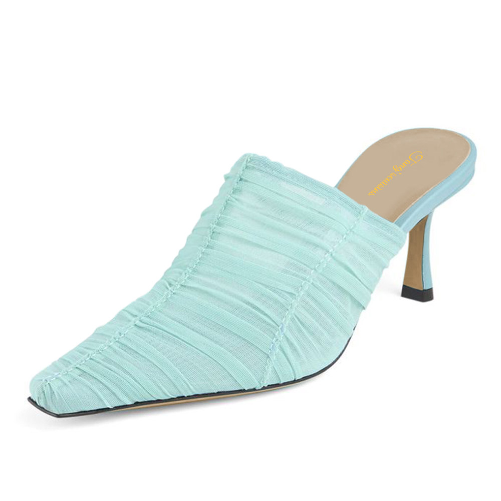 Women's Pale Turquoise Tulle Pointed Toe Casual Stiletto Heeled Mules Nicepairs