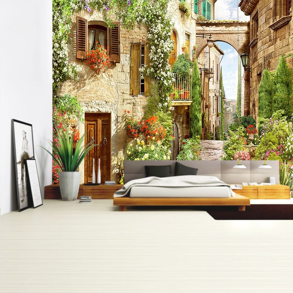 Balcony City Castle Hill Green Plant Landscape Printing Tapestry Cheap Hippie Wall Hanging Bohemian Wall Tapestries