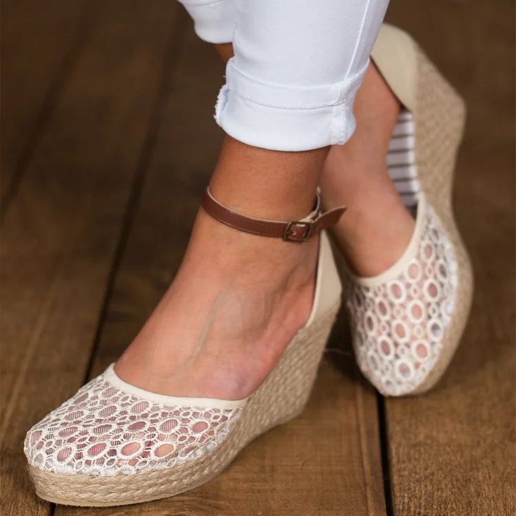 White Lace Closed Toe Espadrille Wedge Sandals Casual Platform Shoes |FSJ Shoes