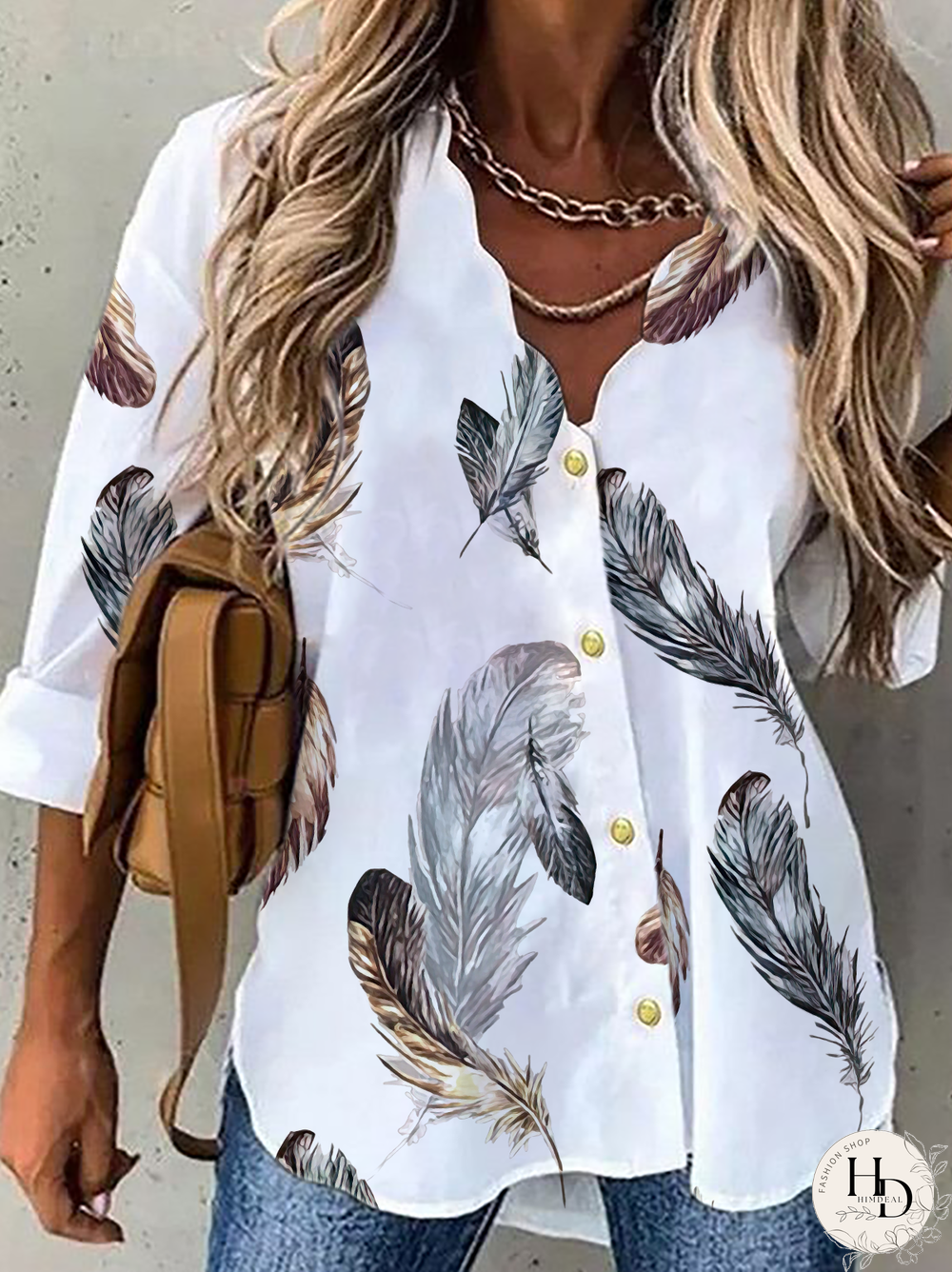 Plus size Casual Feather V Neck Long Sleeve Blouse