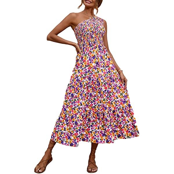 2022 Women One Shoulder Sleeveless Casual Summer Dresses Smocked High Waist Floral Print Boho Pleated Swing Maxi Long Dress