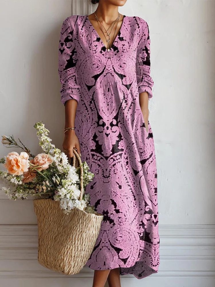 Women's Vintage Floral Art Print Casual Cotton Linen Pocket Dress