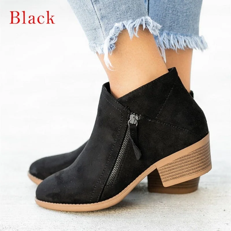 Women Side Zipper Boots Fashion Suede Low Heel Shoes Women Short Boots Square Heels Casual Ankle Boots Plus Size 43 botas mujer