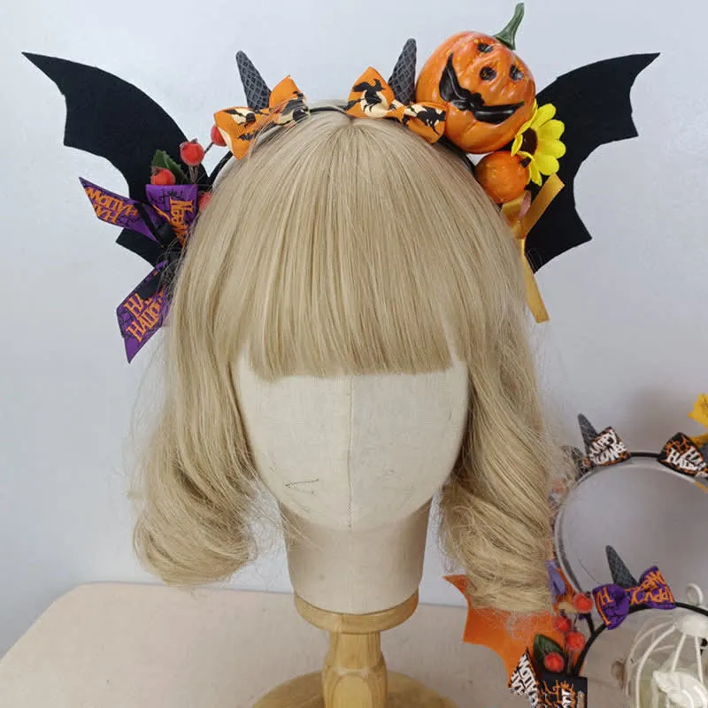 Gothic Pumpkin Bat Wings Headband Halloween Hair Accessory