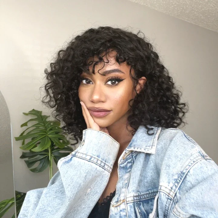Brazilian Remy Curly Hair Wig With Bangs Glueless Wigs