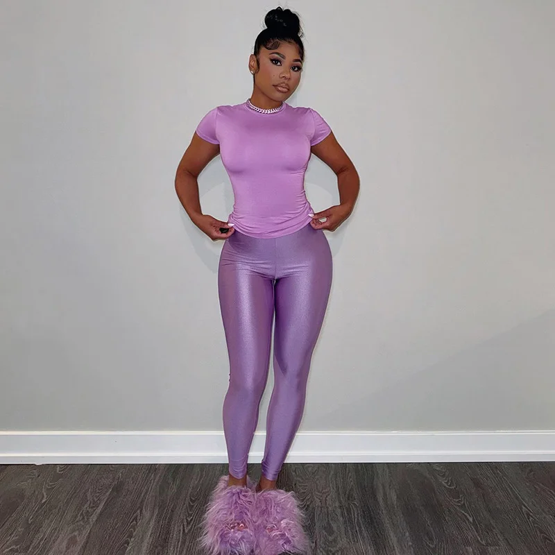 Uveng Uveng Women's Simple Solid Color Round Collar Short-Sleeved T-Shirt Tight Trousers Two Sets