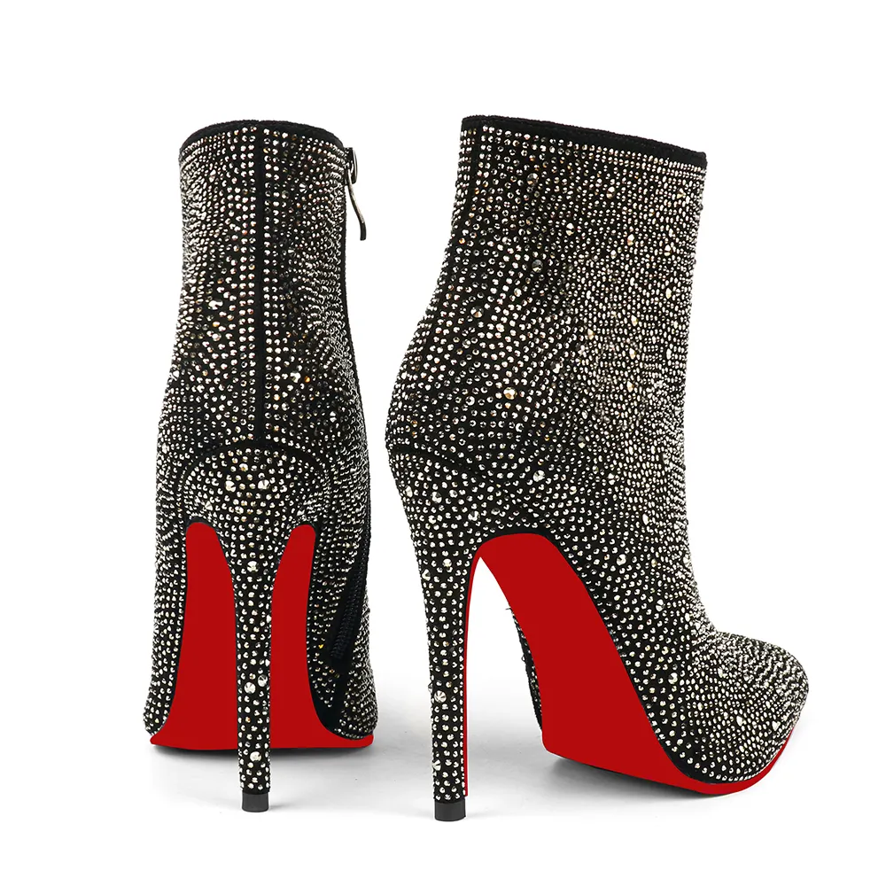 100mm/120mm Women's Rhinestone Ankle Boots with Closed Pointed Toe  Stilettos Autumn Red Bottom Warm Dress Booties -vocosishoes