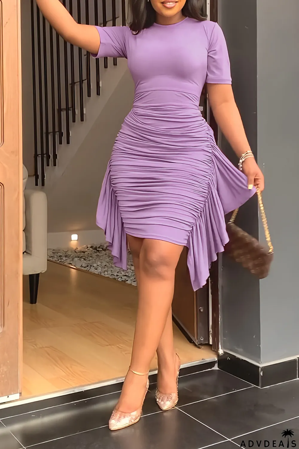 Brown Fashion Solid Flounce Fold O Neck Pencil Skirt Dresses