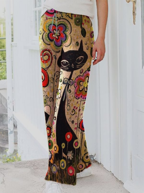 Vintage printed casual knitted warm straight wide leg pants