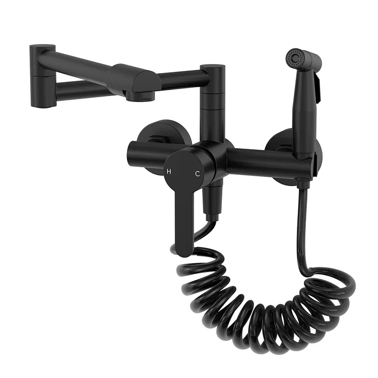 EVERSTEIN Wall Mounted Folding Kitchen Faucet with Side Sprayer Matte Black