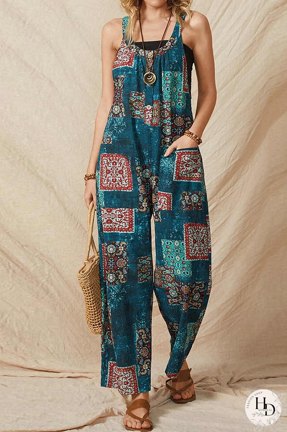 Street Print Split Joint Pocket U Neck Straight Jumpsuits