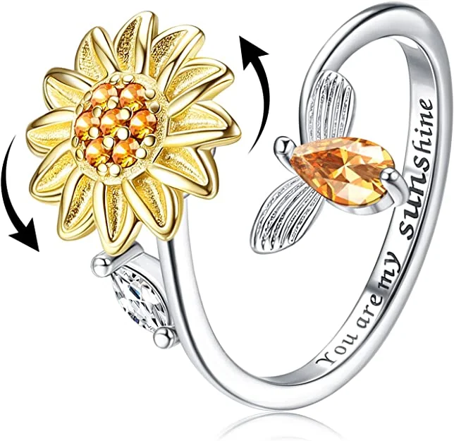 925 Sterling Silver Sunflower Fidget Spinner Ring Open Adjustable Ring