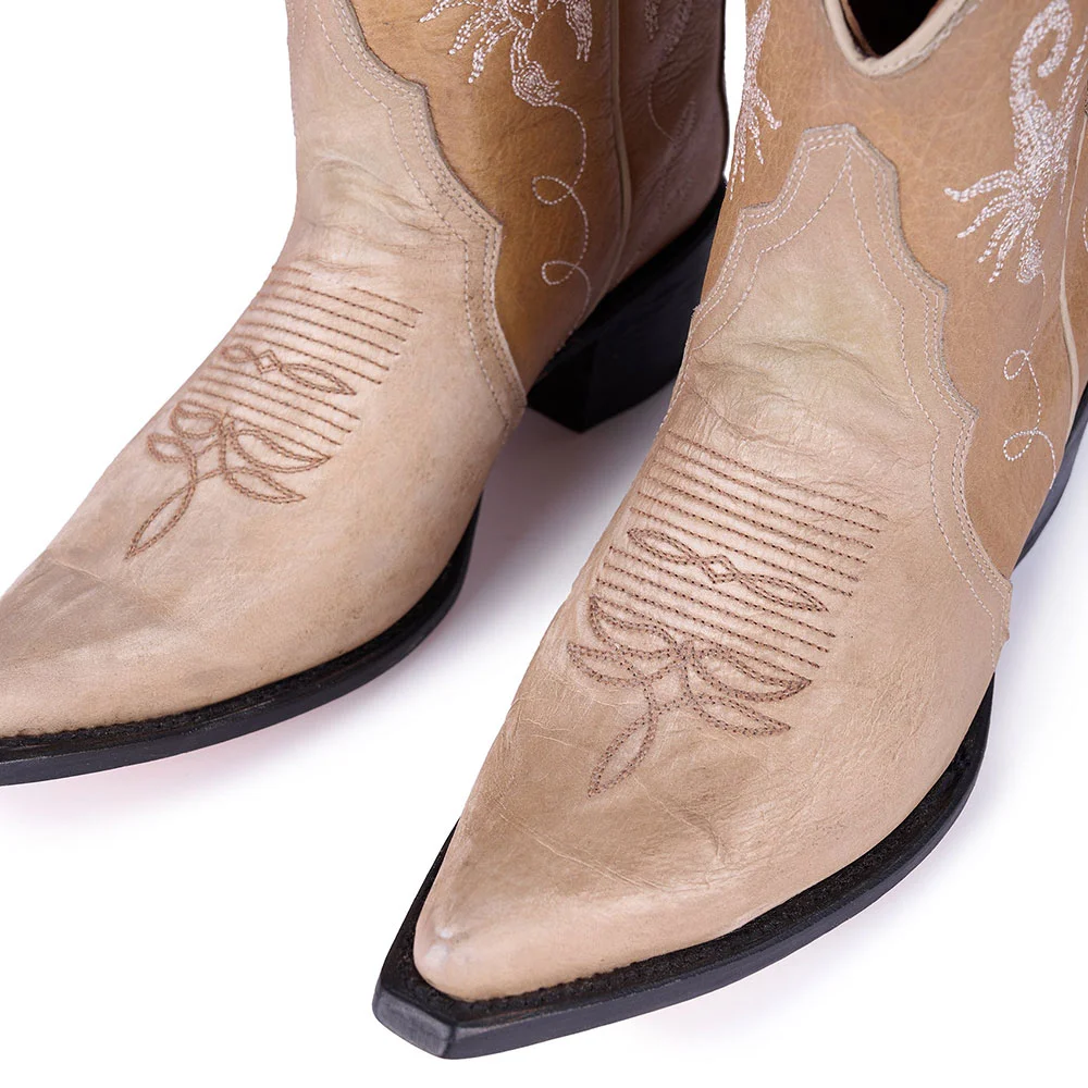 Nude Pointed Toe Western Ankle Boots with Scorpion Embroidery