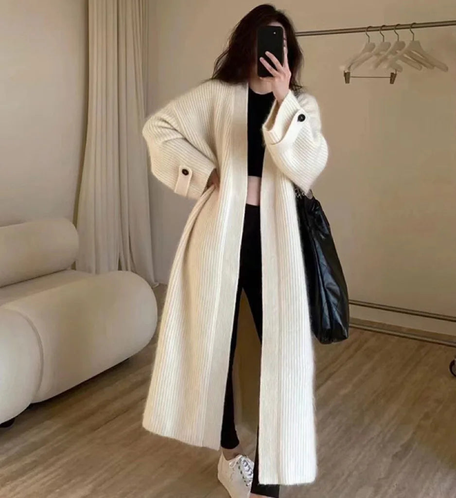 Autumn Winter Women Button Long Sleeve Knitted Long Cardigan Coats Lady Baggy Knitwear Sweater Aiertu