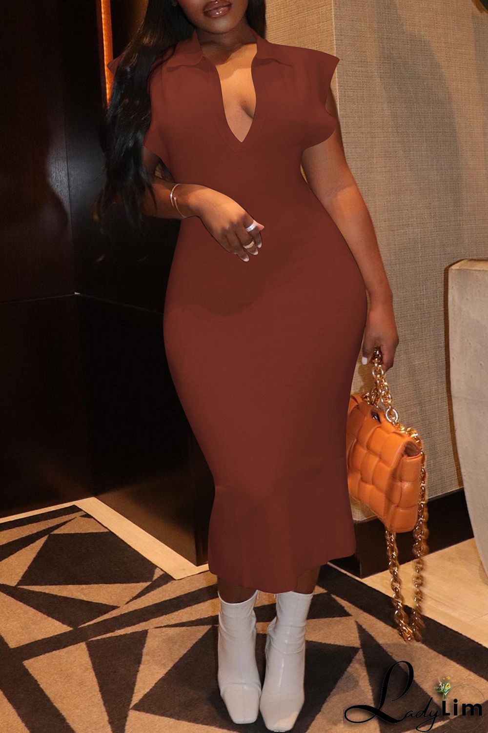 Brown Fashion Casual Solid Basic Turndown Collar Sleeveless Dress