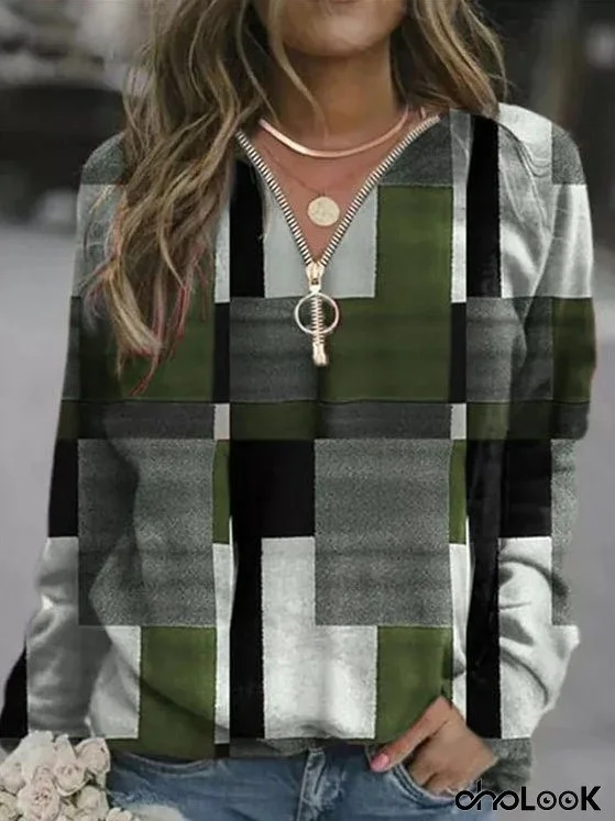 Women's T-Shirts Plaid V-Neck Zipper Long Sleeves T-Shirt