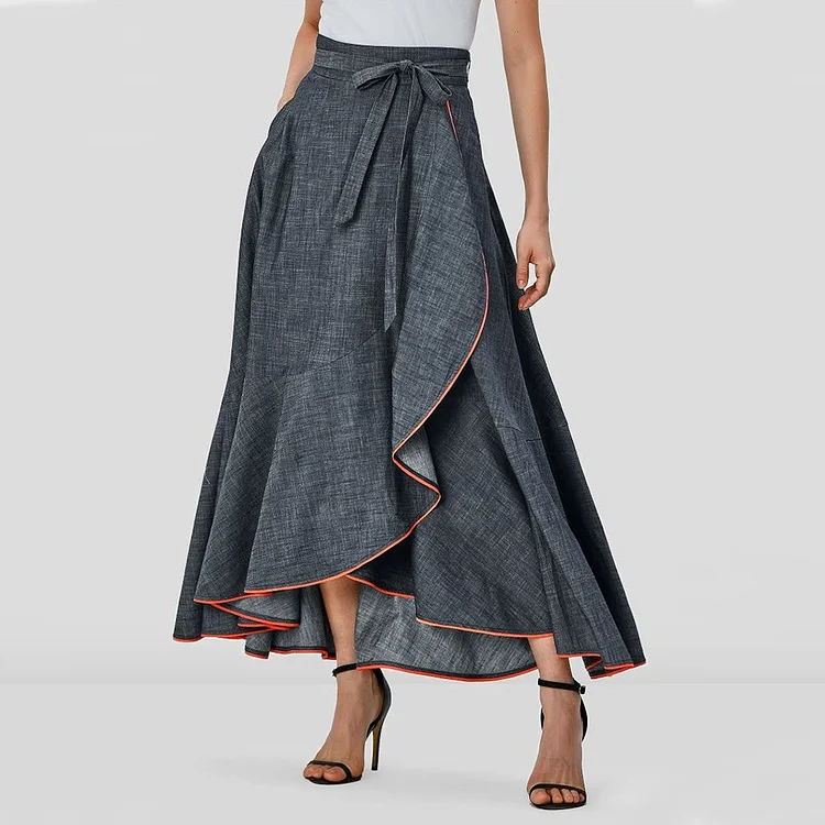 Elegant Denim Lace-Up Contrast Binding Asymmetrical Hem Maxi Skirt