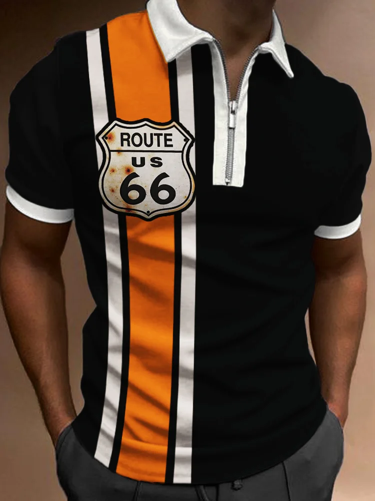 BrosWear Men's Route 66 Stripe Zip Up Polo Shirt