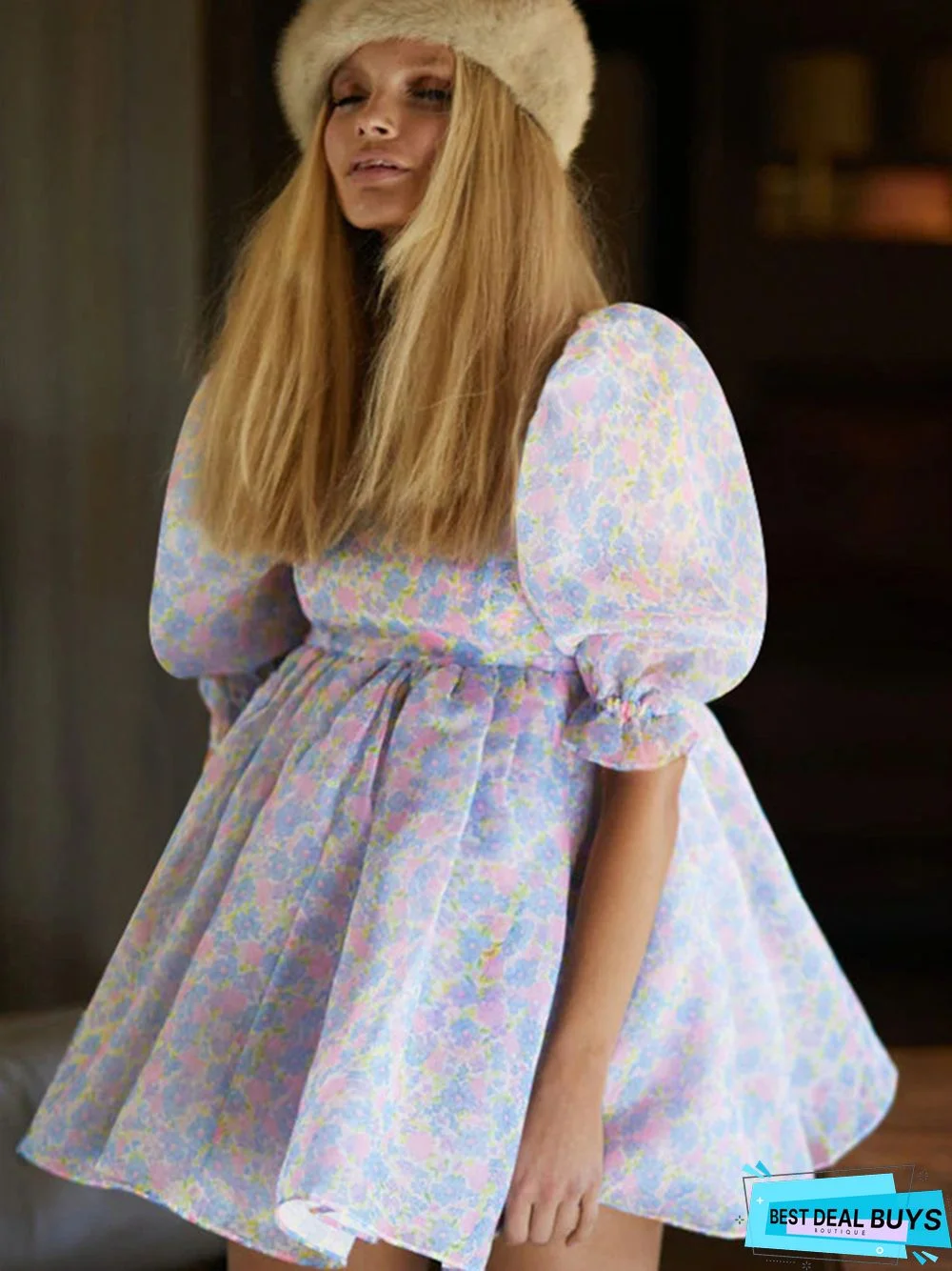 Printed Square Neck Lantern Short Sleeve Women's Dress Backless Fluffy French Princess Dress