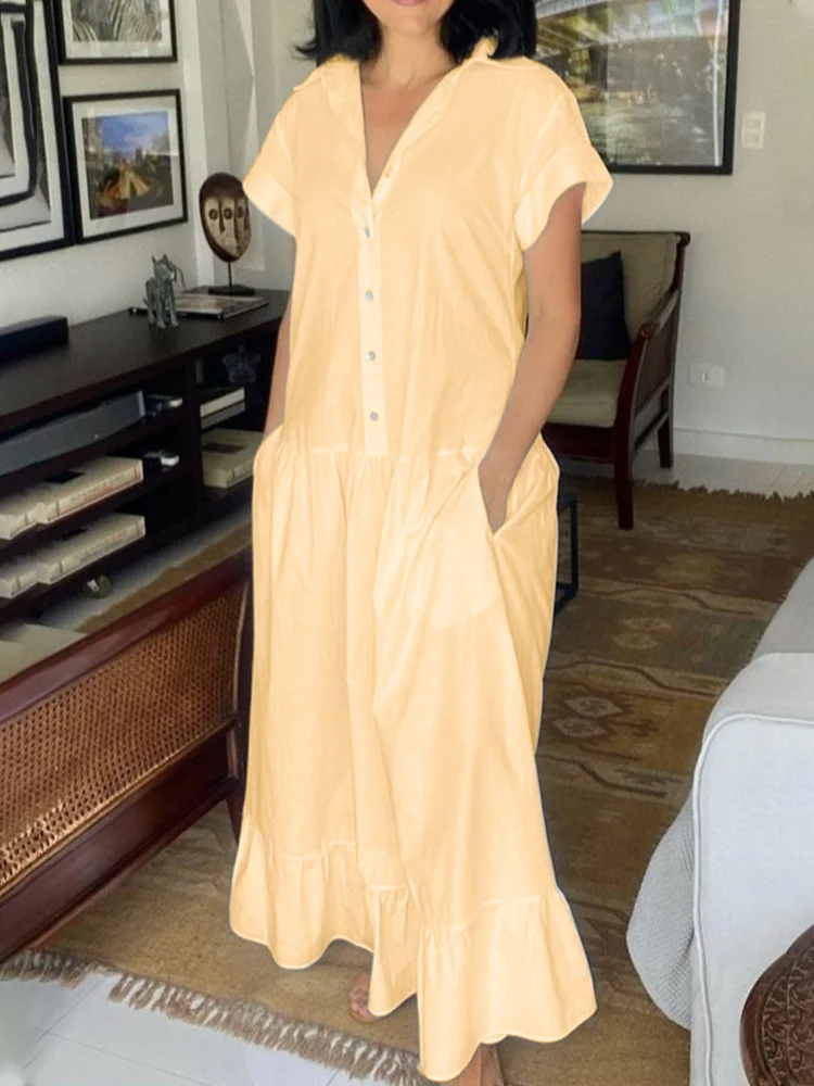 Women's Casual Short Sleeve Pocket Shirt Style Maxi Dress