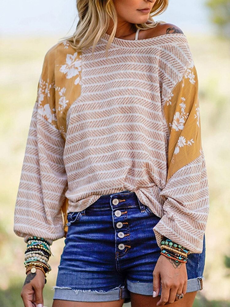 Floral Striped Print Patchwork O Neck Loose Long Sleeve Blouse P1823720