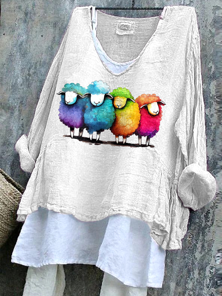 Comstylish Colorful Watercolor Sheep Print Linen Blend Casual Shirt