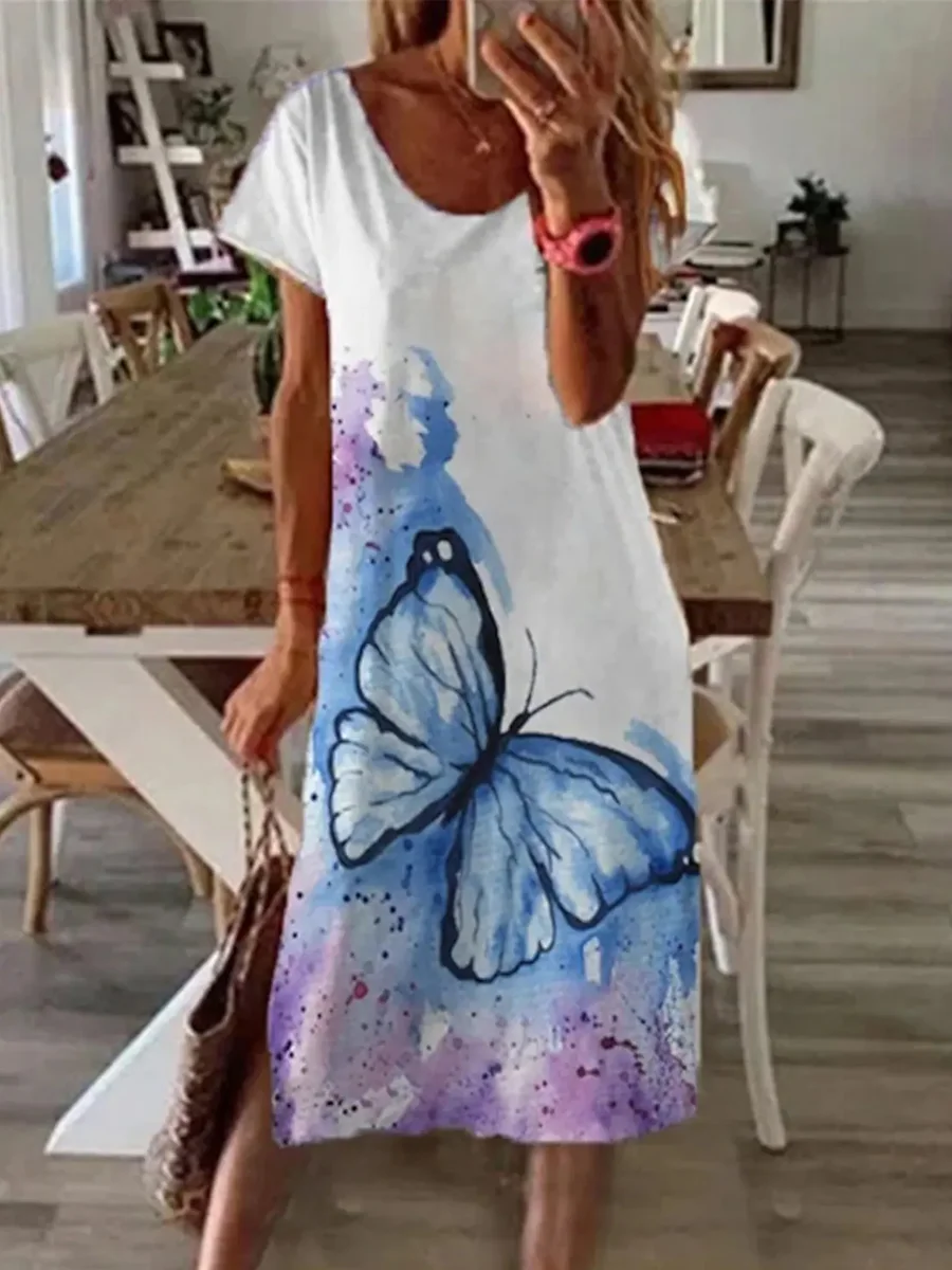 Loose Butterfly Print Short Sleeve Dress