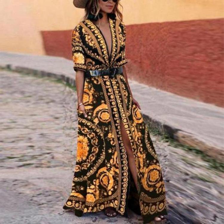 early spring vintage printed fashionable maxi dress p115990