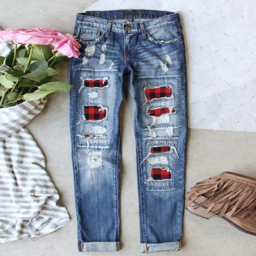 Boyfriend Jeans For Women Cargo Wide Leg Pants Women Fashion Ripped Hole Plaid Patch Patchwork Long Jeans Denim Pants Trousers