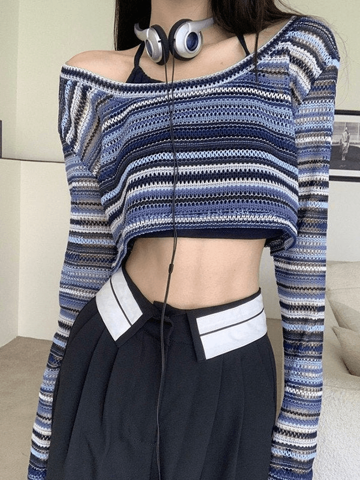 Contrast Striped Crochet Knit Crop Top