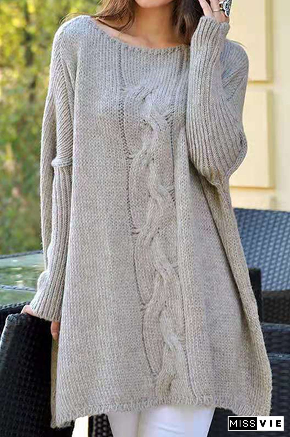 Casual Solid Slit O Neck Tops Sweater