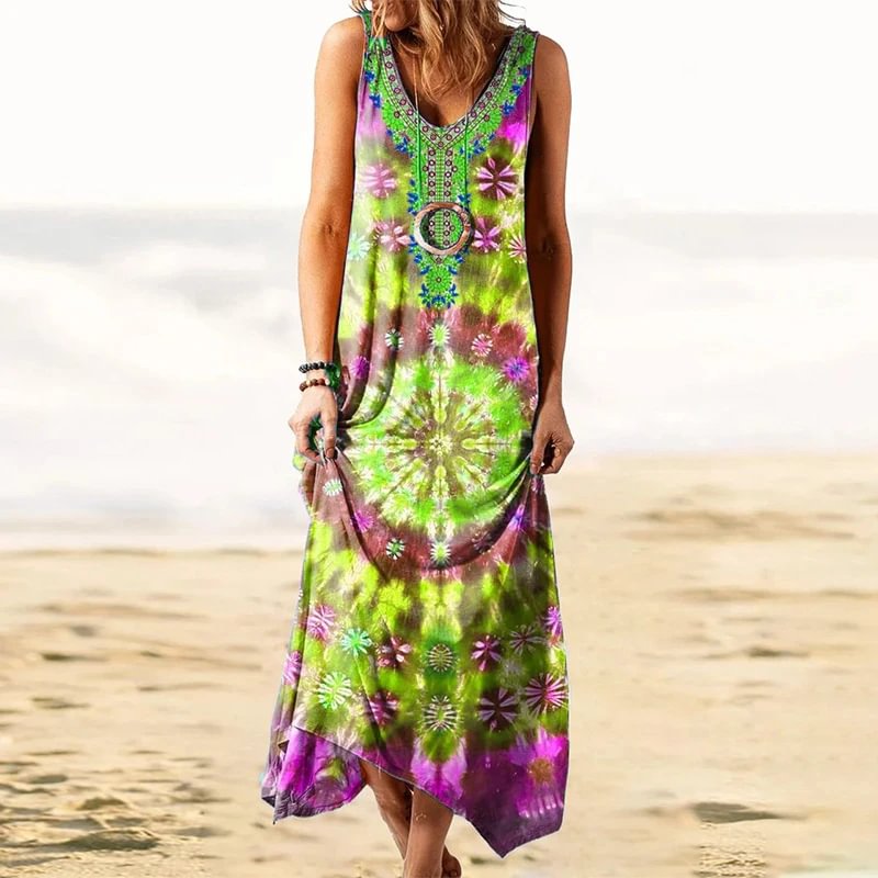 Cotton-Blend Boho V Neck A-Line Dresses | EGEMISS