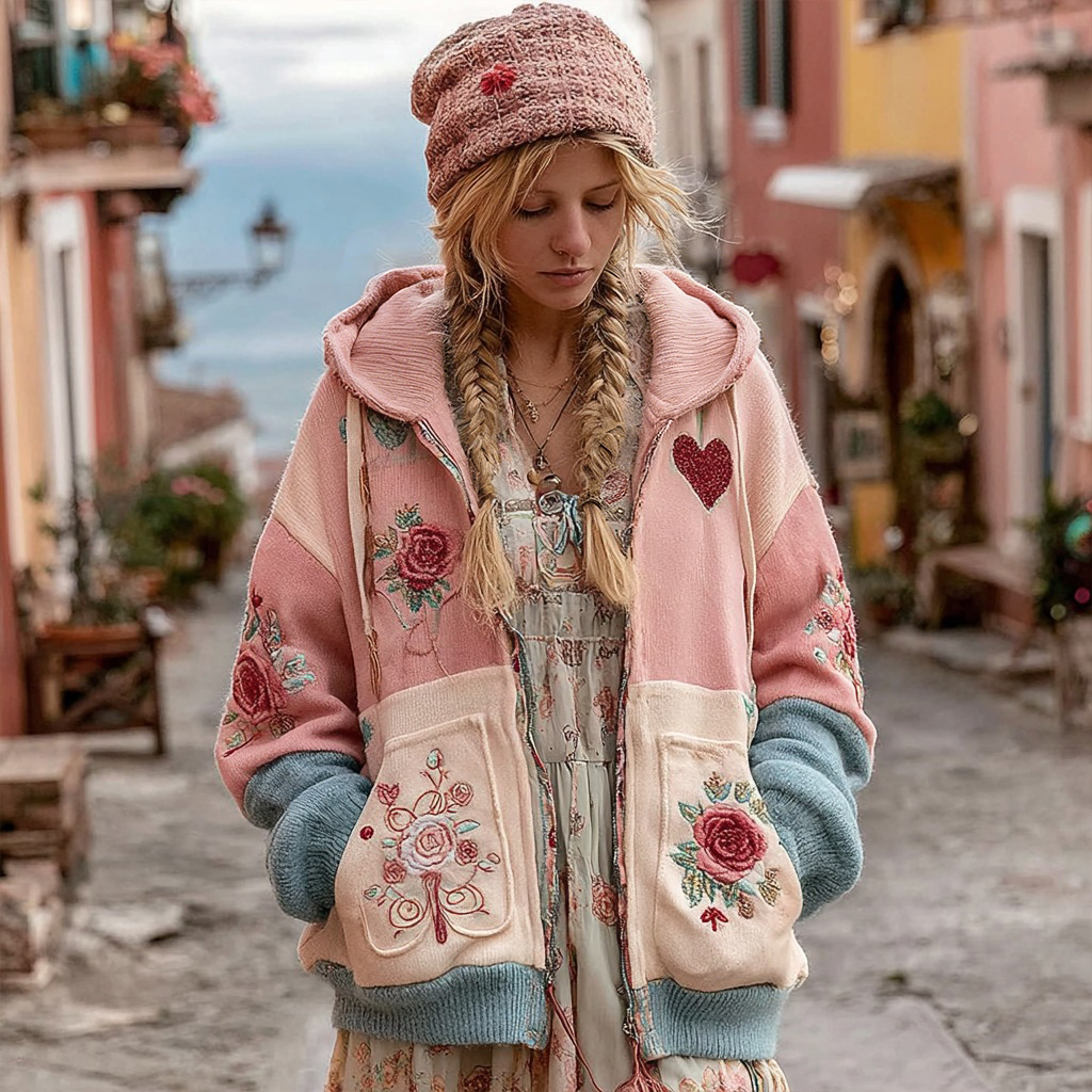 Women's Valentine's Day Heart And Floral Pattern Hooded Cardigan wearshes