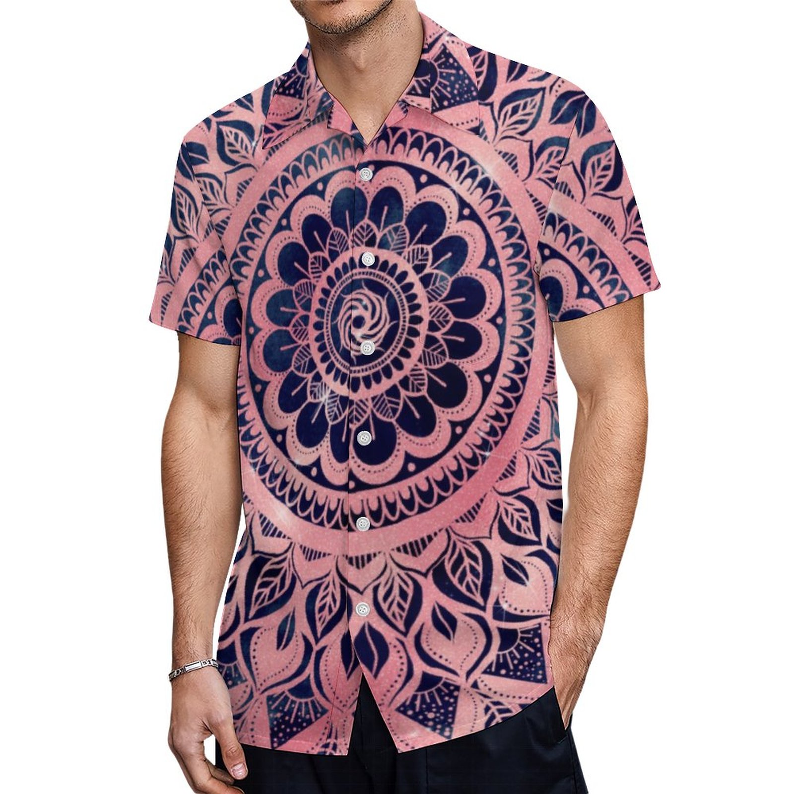 Girly Blue Pink Mandala Floral Hawaiian Shirt Mens Button Down Plus Size Tropical Hawaii Beach Shirts