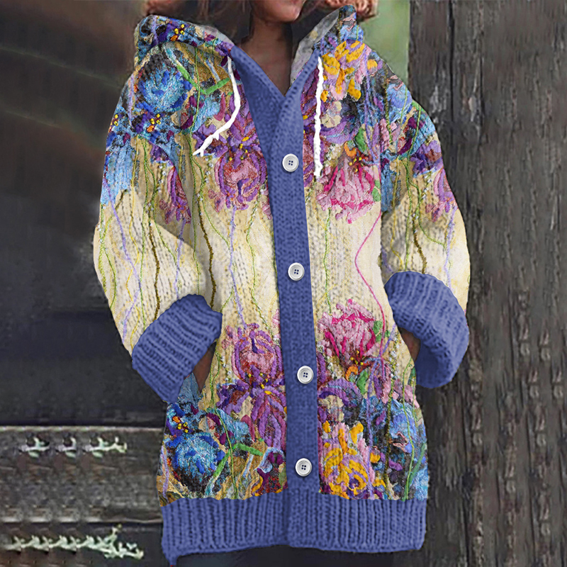 Floral Print Long Sleeve Casual Knitted Hooded Cardigan