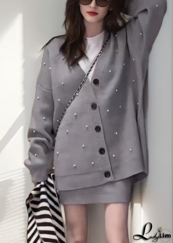 Fashion Red V Neck Nail Bead Cotton Knit Cardigan And Skirts Two Pieces Set Winter