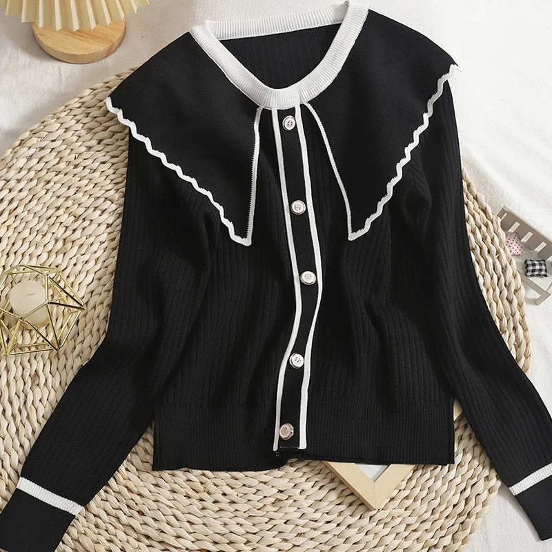 Fashion Women Sweaters Sweet Patchwork Ruffled Knitted Sweater Vintage Peter Pan Collar Pull Femme Winter Pullovers Tops