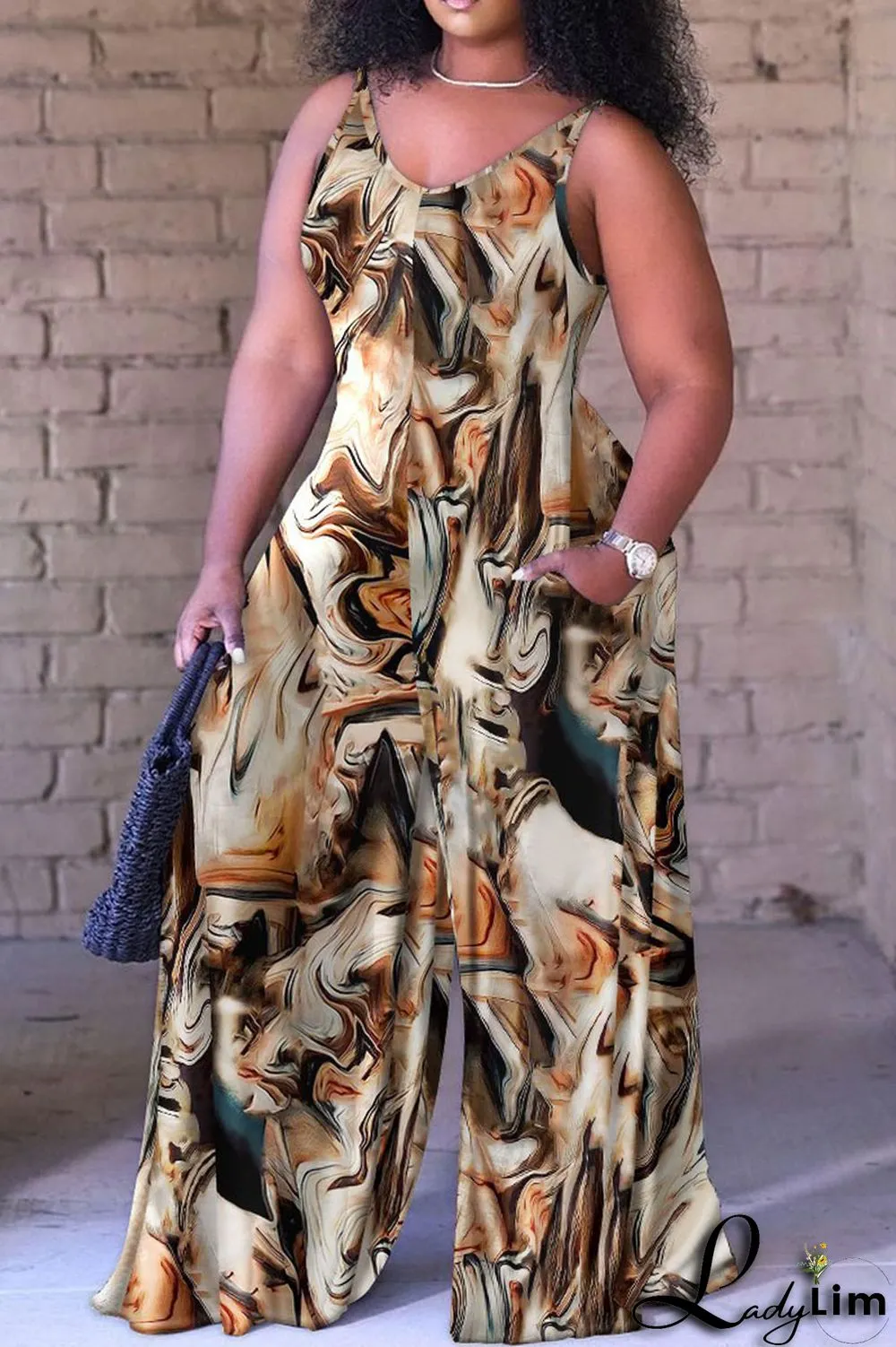 Black White Casual Street Print Spaghetti Strap Loose Jumpsuits