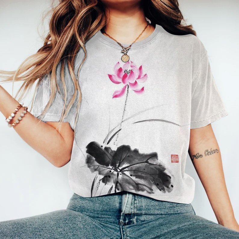 Comstylish Japanese Retro Blooming Lotus Ink Wash Painting Art Linen Casual Cotton T-Shirt