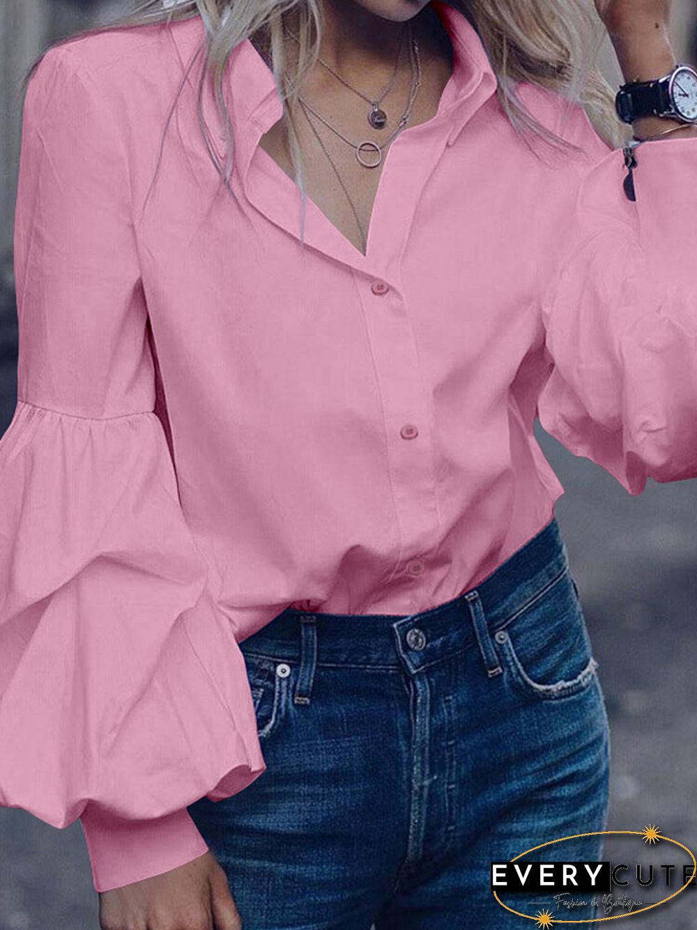 Solid Color Turn Down Collar Button Down Bishop Blouse