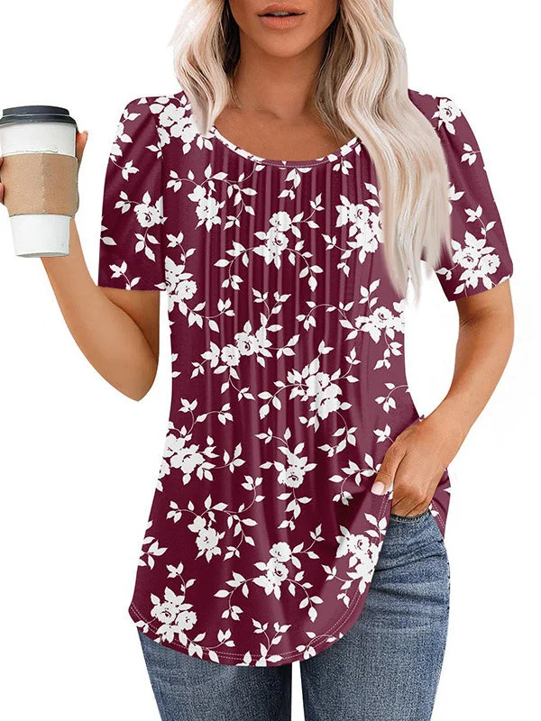 Women's Short Sleeve Scoop Neck Floral Printed Graphic Tops