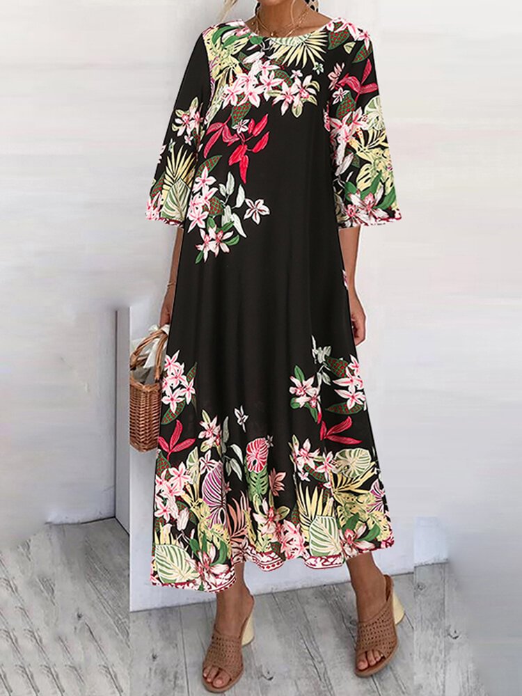Calico Pocket O-neck Long Sleeve Print Dress For Women - Shop Trendy Women's Fashion | TeeYours