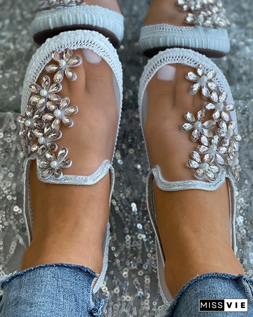 Studded Floral Pattern Sheer Mesh Casual Shoes
