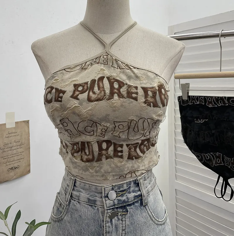 Uveng Real Shooting Spice Girls Letter Printing To Make Old Hole Hanging Neck Sling Vest Short With Chest Cushion Top 6672