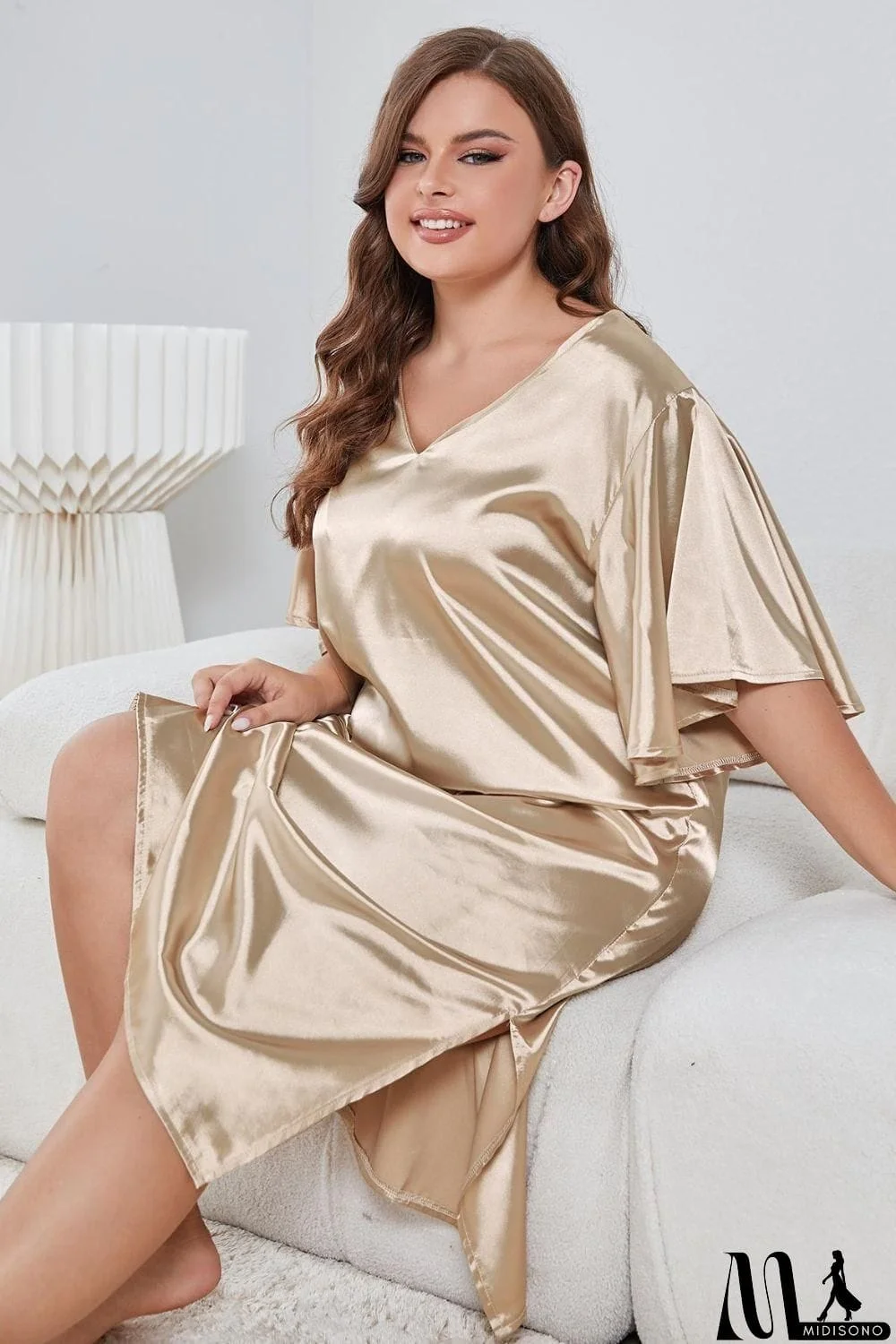 MidiSono - Plus Size Flutter Sleeve V-Neck Side Slit Night Gown