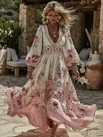 Women's Vintage Pink Floral Art V Neck Long Sleeve Gradient Maxi Dress