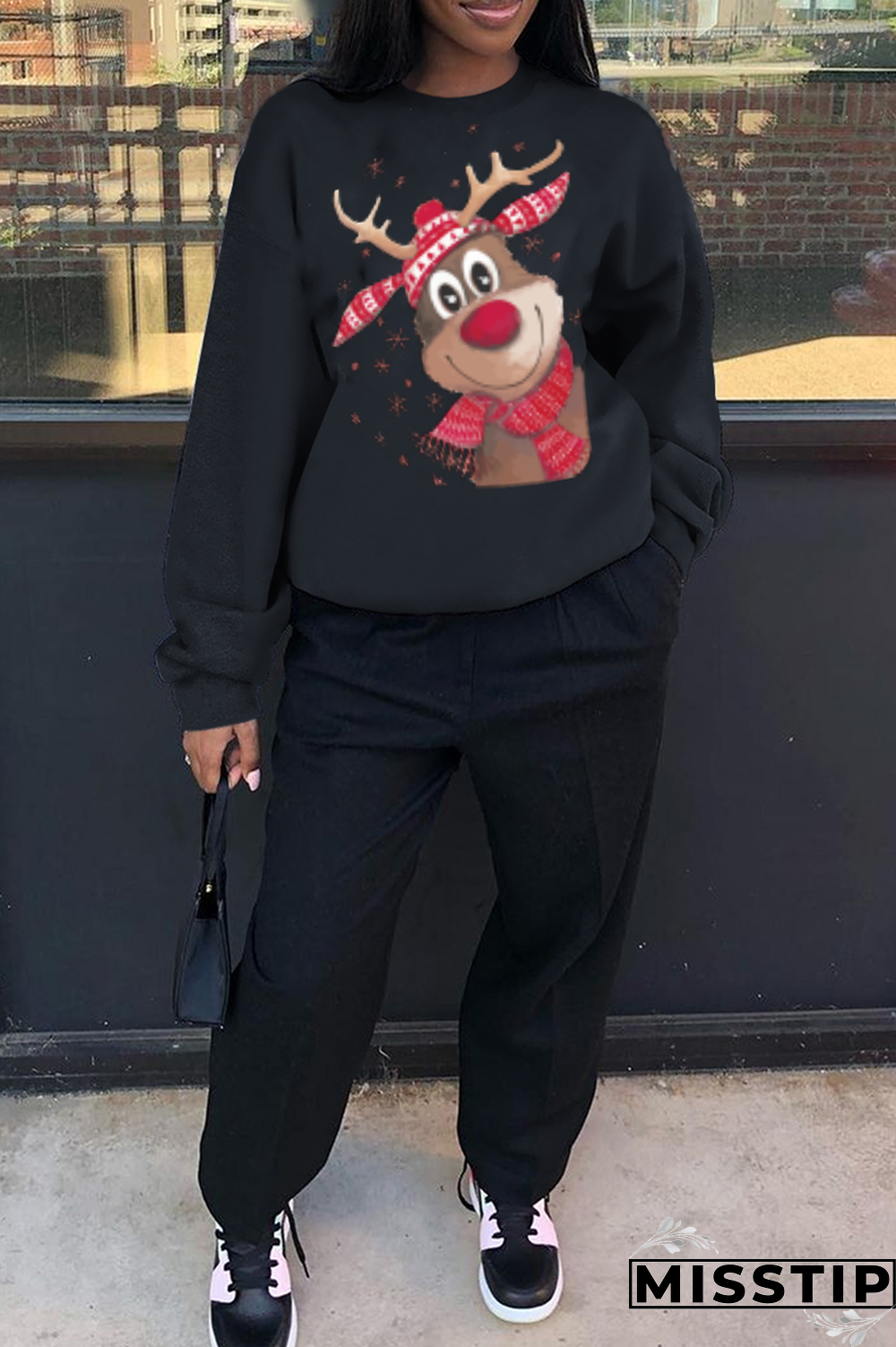 Black Casual Street Print Wapiti Patchwork O Neck Tops