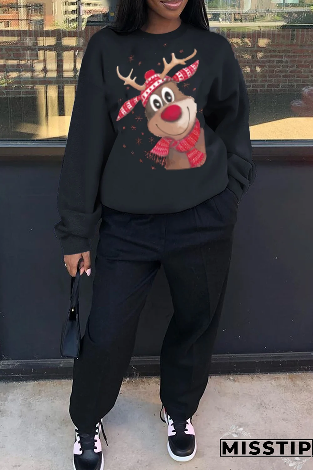 Black Casual Street Print Wapiti Patchwork O Neck Tops