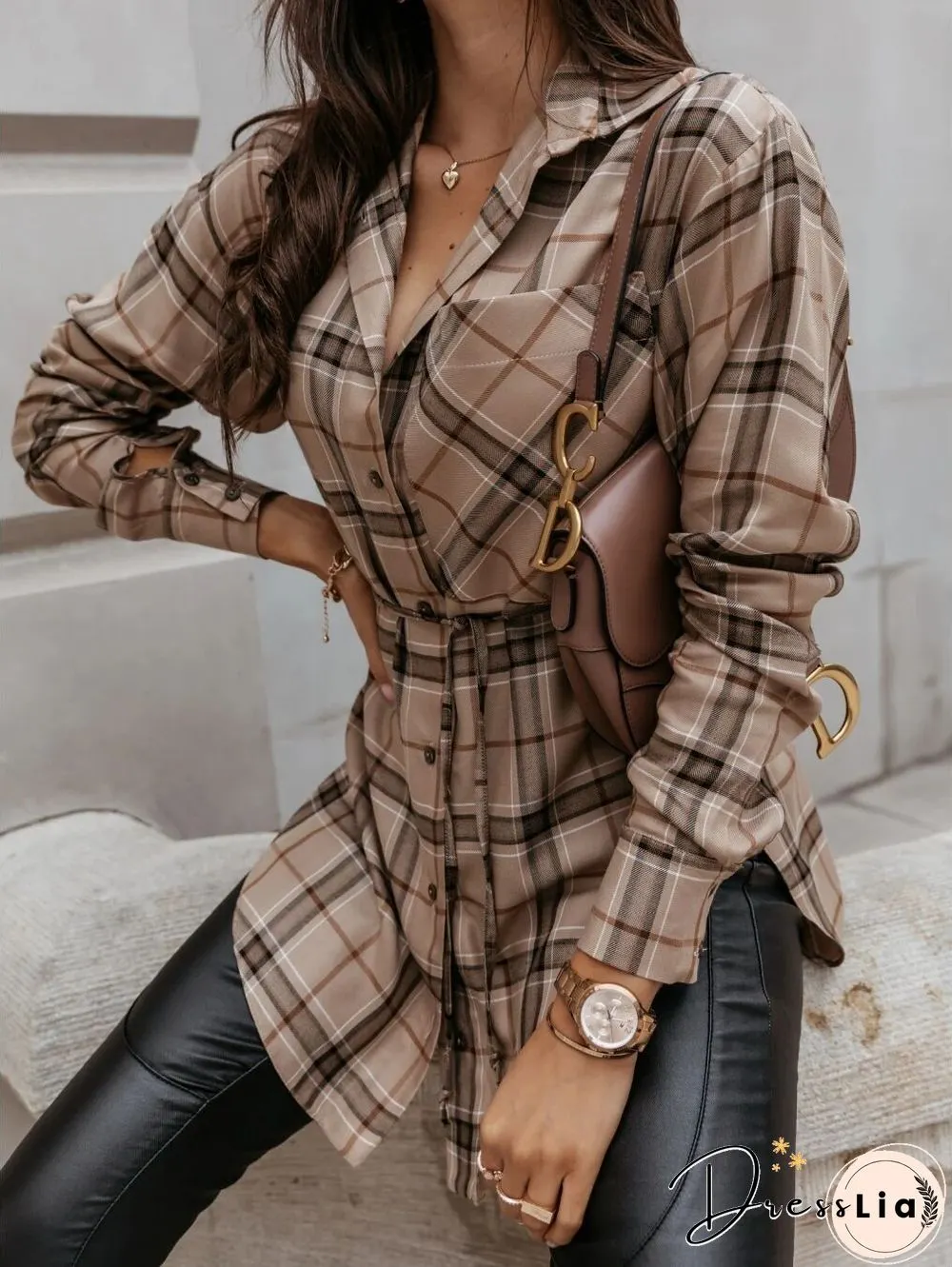 Checked Loose Long Sleeve Belted Shirt